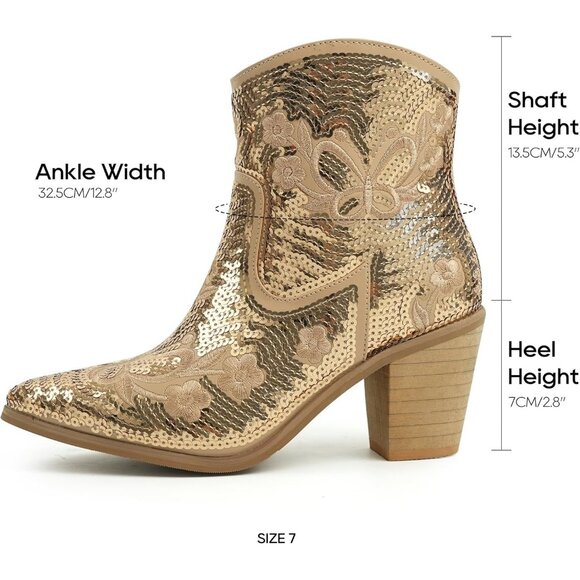 Women's Sparkling Gold Shiny Sequin Embroidery Ankle Pointed Toe Western Boot - Picture 5 of 7